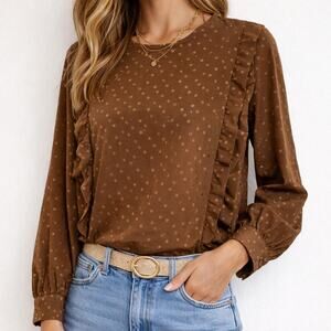 La Chine Classic Brown Polka Dot Ruffle Long Sleeve Blouse Sz 6